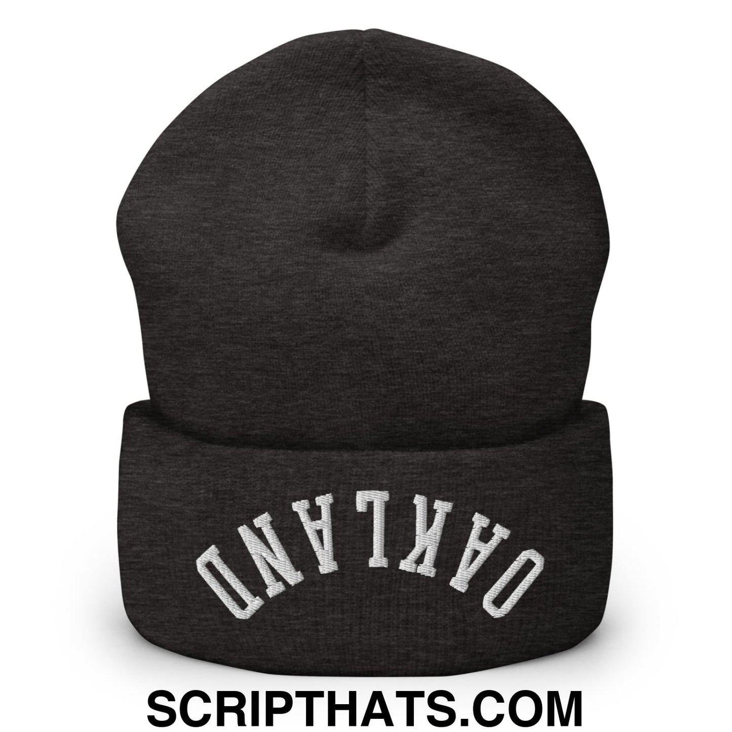 Dark heather gray knit beanie with white arched oakland embroidery on folded cuff upsidedown embroidered cuffed knit beanie