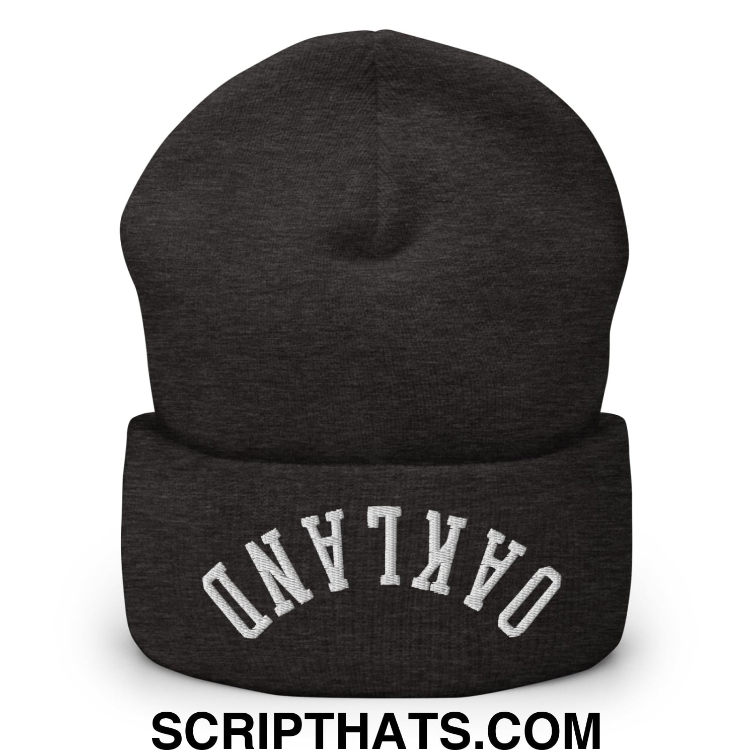 Dark heather gray knit beanie with white arched oakland embroidery on folded cuff upsidedown embroidered cuffed knit beanie