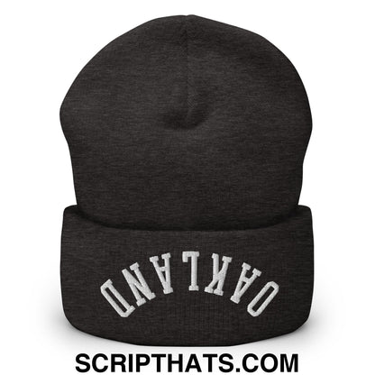 Dark heather gray knit beanie with white arched oakland embroidery on folded cuff upsidedown embroidered cuffed knit beanie