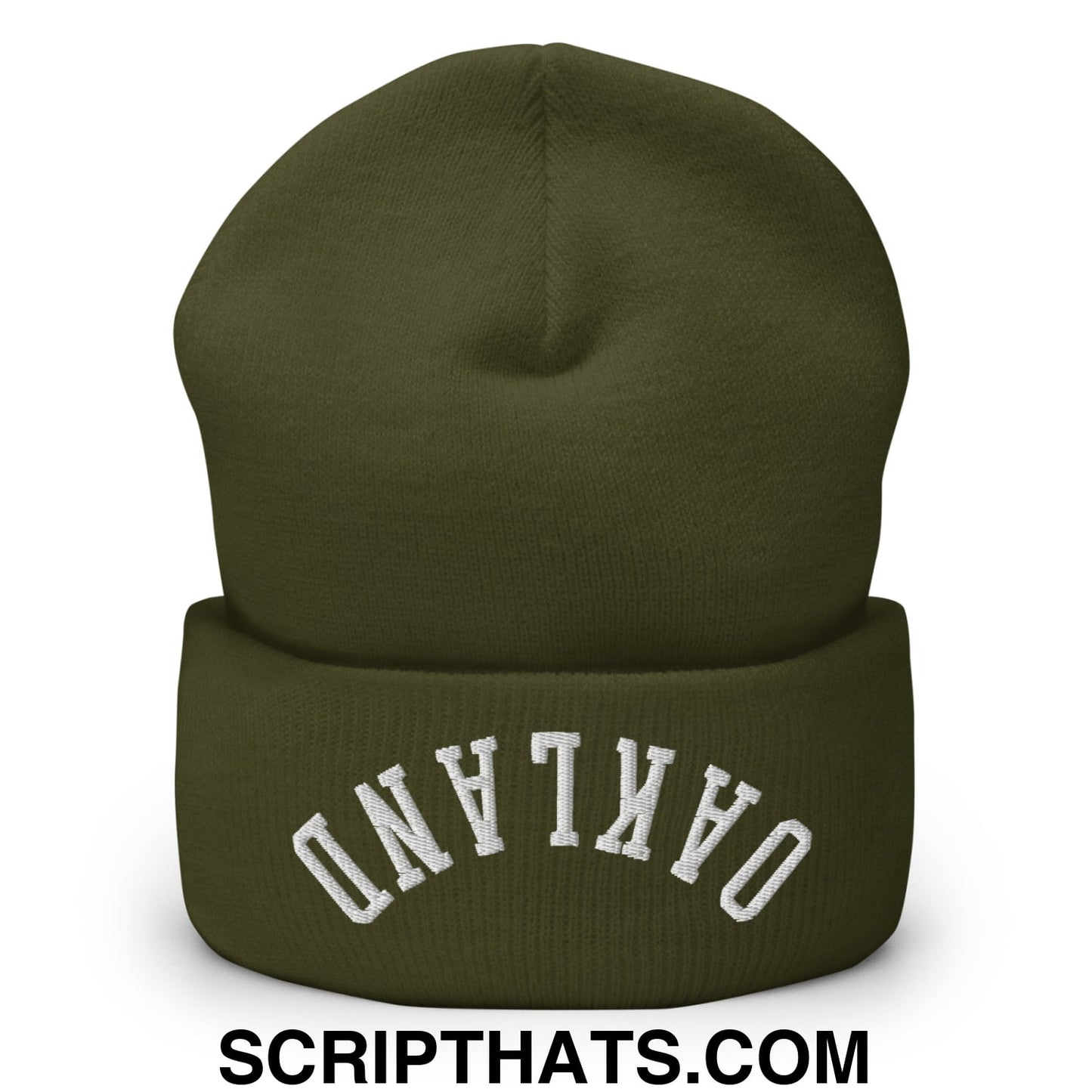 Olive green knit beanie with white arched oakland embroidery on the folded cuff in a cuffed knit design