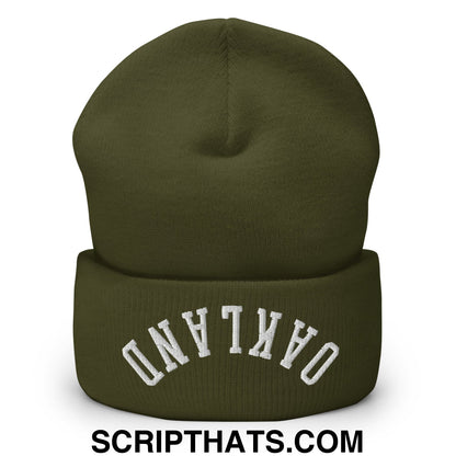 Olive green knit beanie with white arched oakland embroidery on the folded cuff in a cuffed knit design