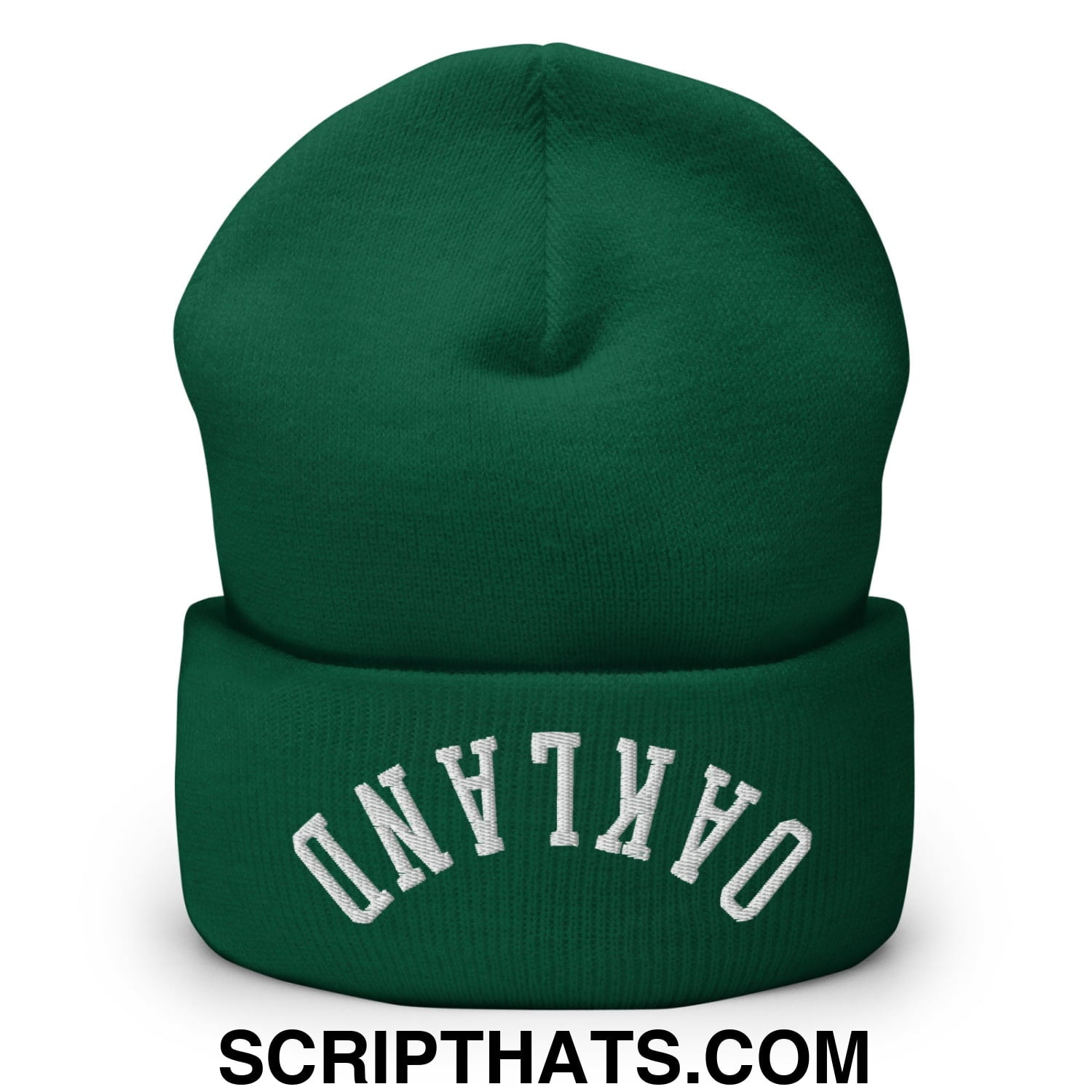 Deep green knit beanie with white embroidered oakland arch on the folded cuff called upside down oakland beanie