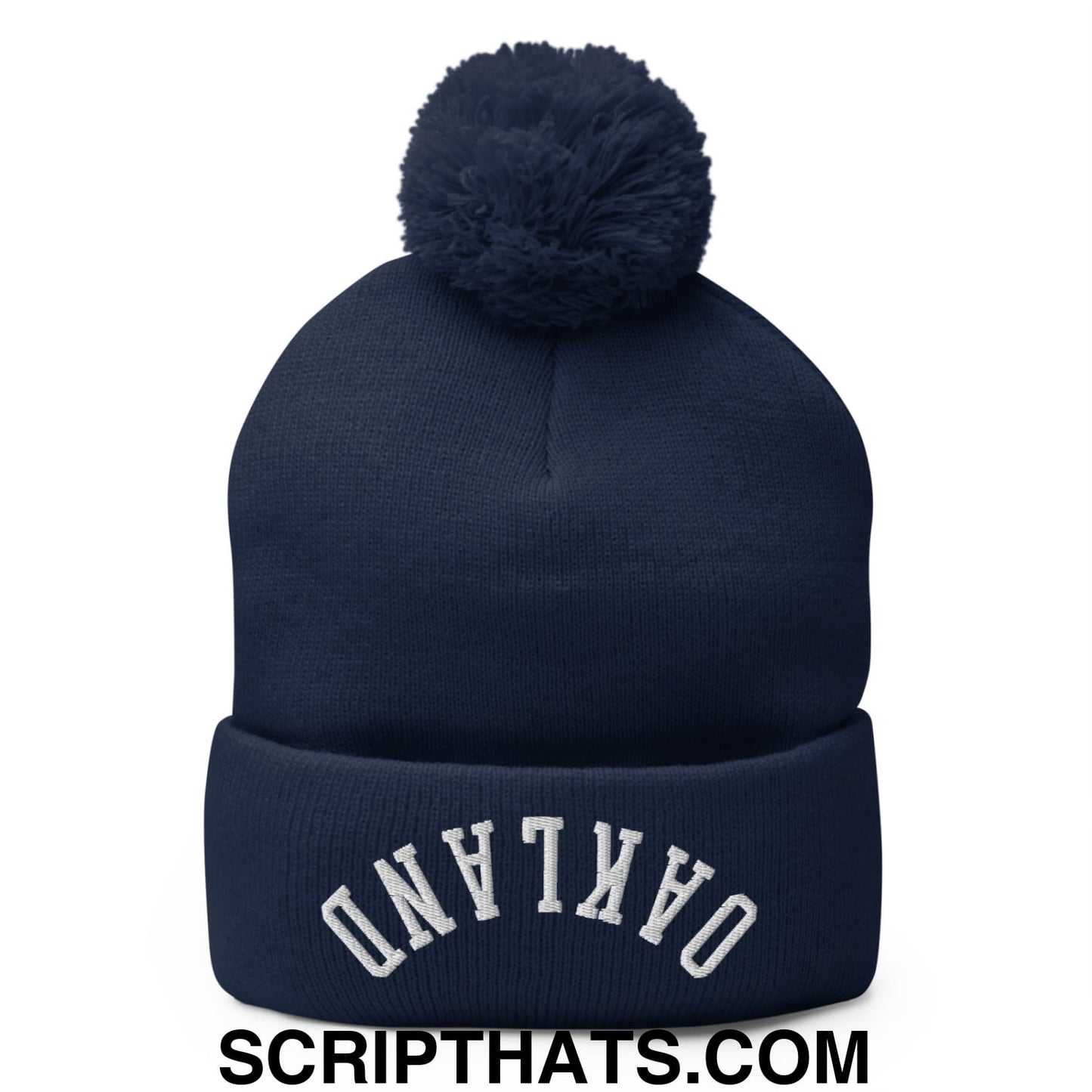 Upside Down Oakland Embroidered Pom Pom Knit Beanie Navy