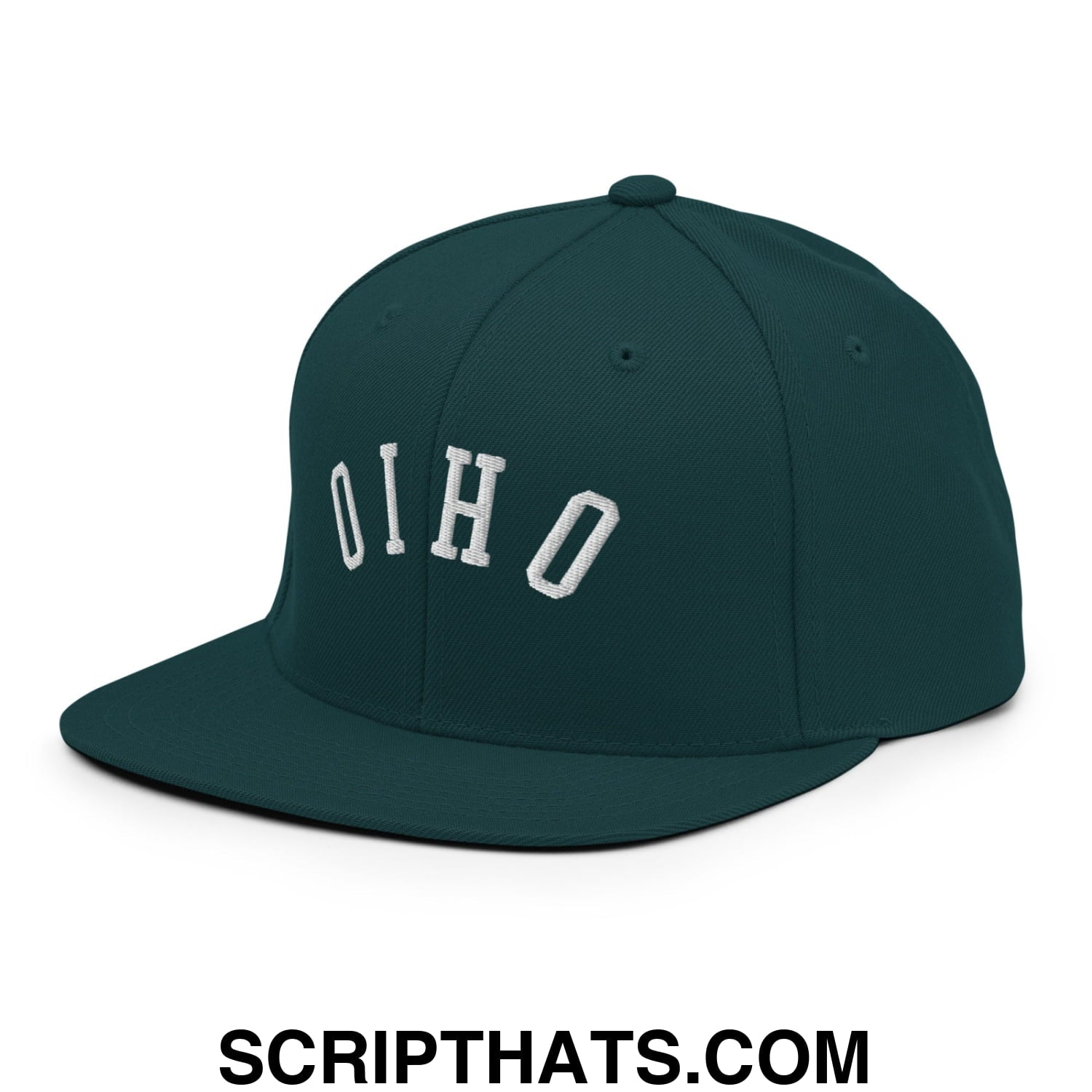 Dark green snapback cap with white embroidered ohio lettering and flat bill brim for casual wear