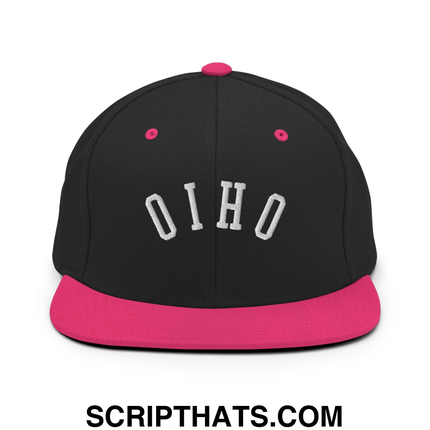 Black snapback cap with vibrant pink flat bill and white embroidered upside down ohio lettering on front