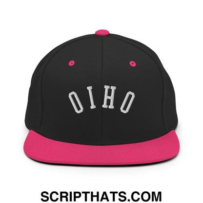 Black snapback cap with vibrant pink flat bill and white embroidered upside down ohio lettering on front