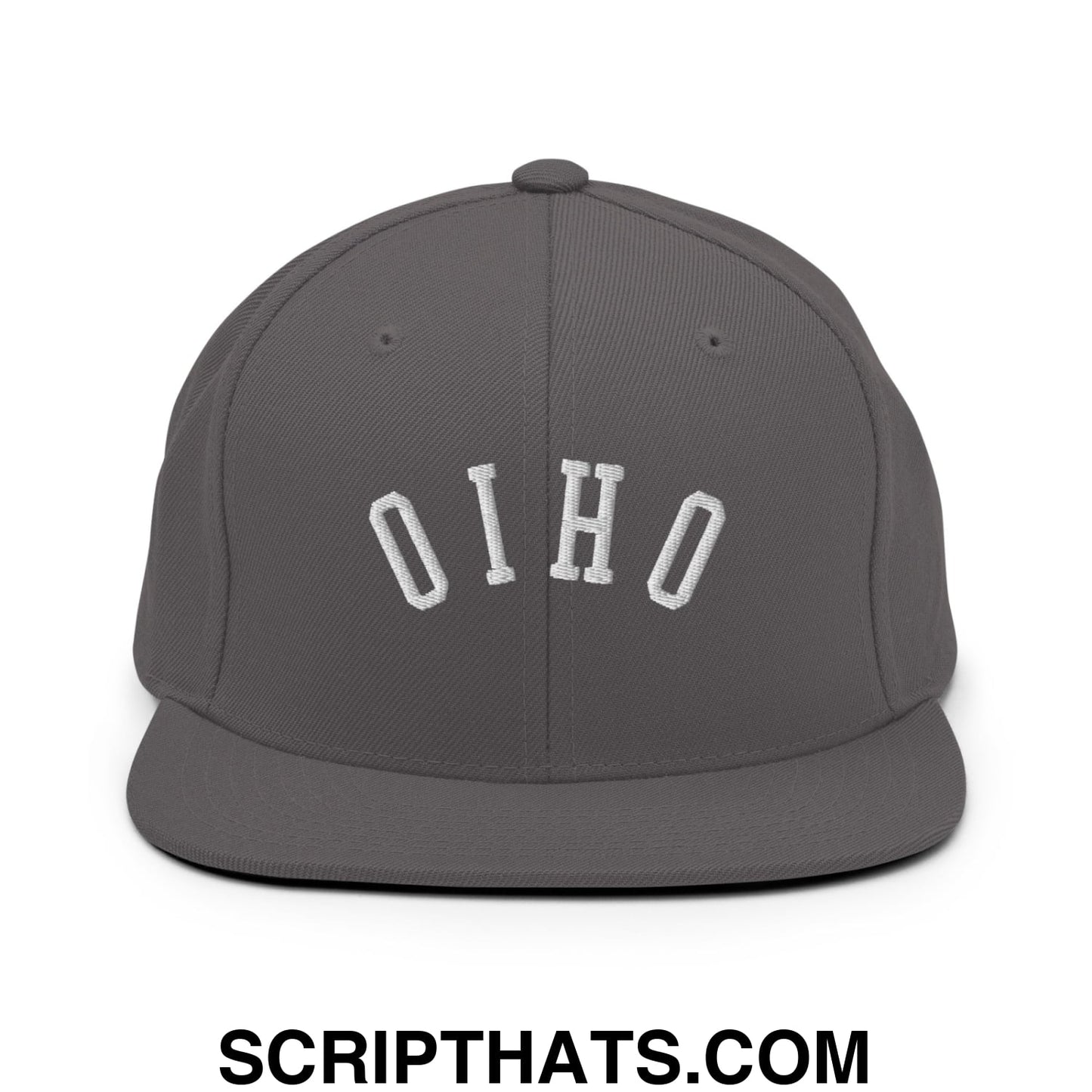 Gray flat bill snapback hat with white embroidered ohio lettering in an arched design for casual wear
