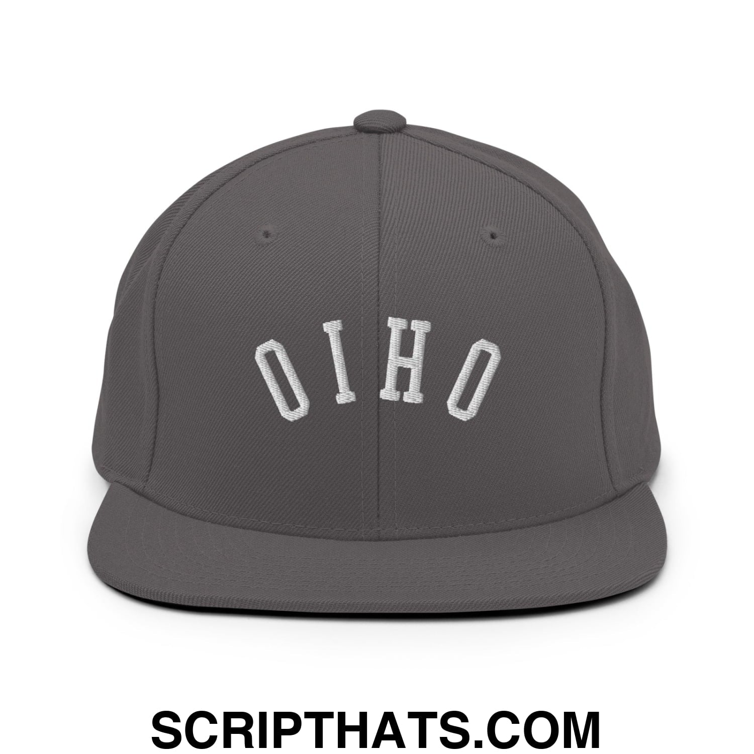 Gray flat bill snapback hat with white embroidered ohio lettering in an arched design for casual wear