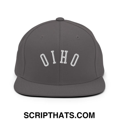 Gray flat bill snapback hat with white embroidered ohio lettering in an arched design for casual wear