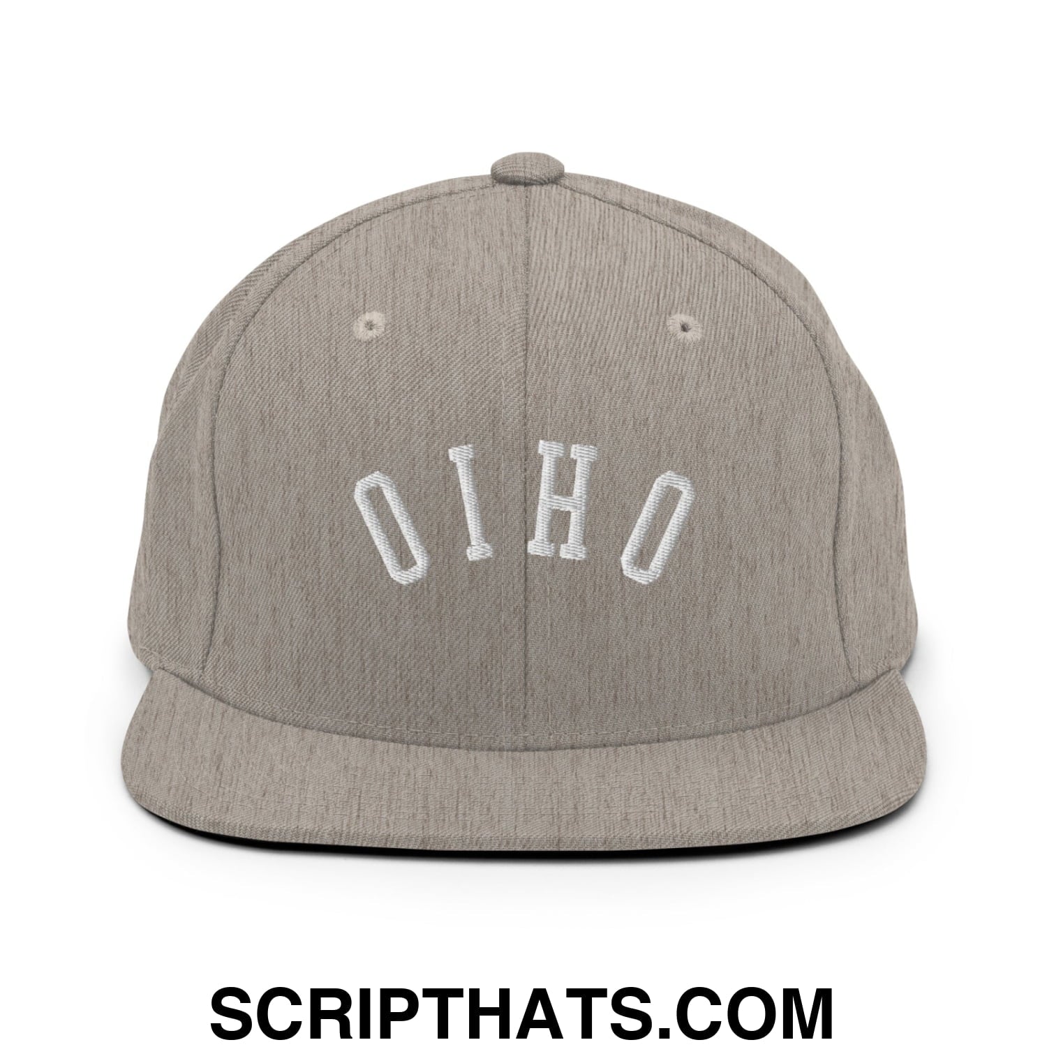 Gray snapback hat with white embroidered ohio lettering and flat bill brim in upside down ohio design