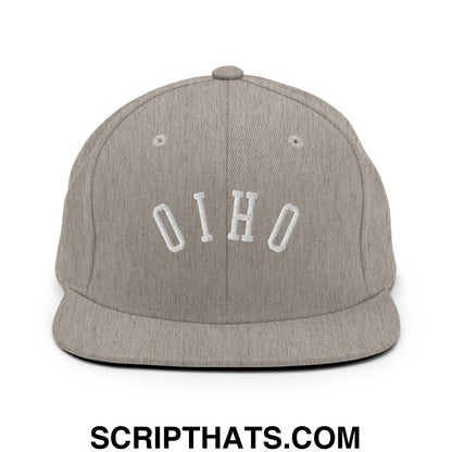 Gray snapback hat with white embroidered ohio lettering and flat bill brim in upside down ohio design
