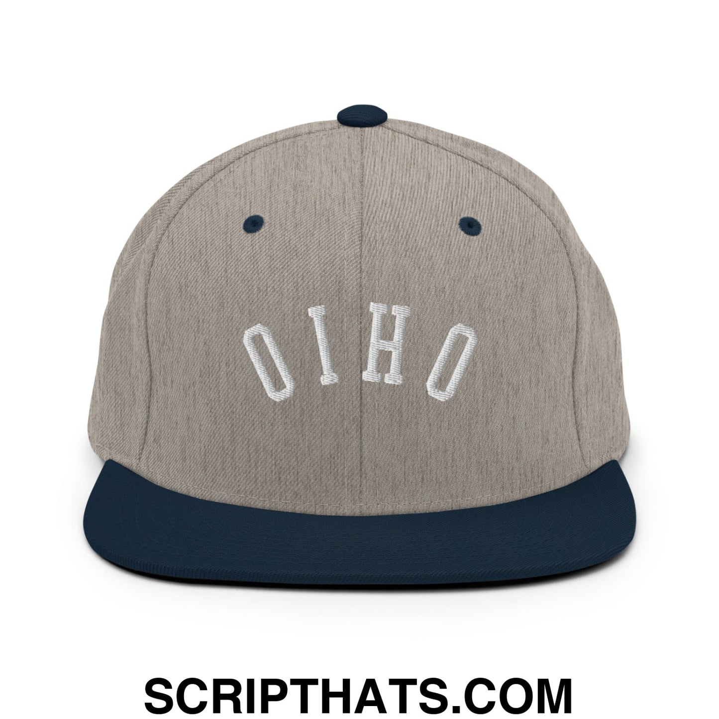 A gray and navy blue snapback hat with upside down ohio embroidered in white on the front and a flat bill brim
