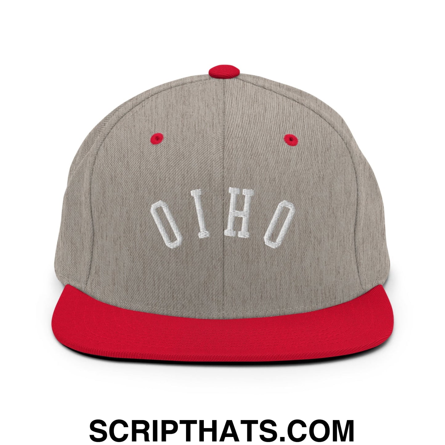 Gray and red snapback hat with upside down ohio embroidered in white on a flat bill brim design