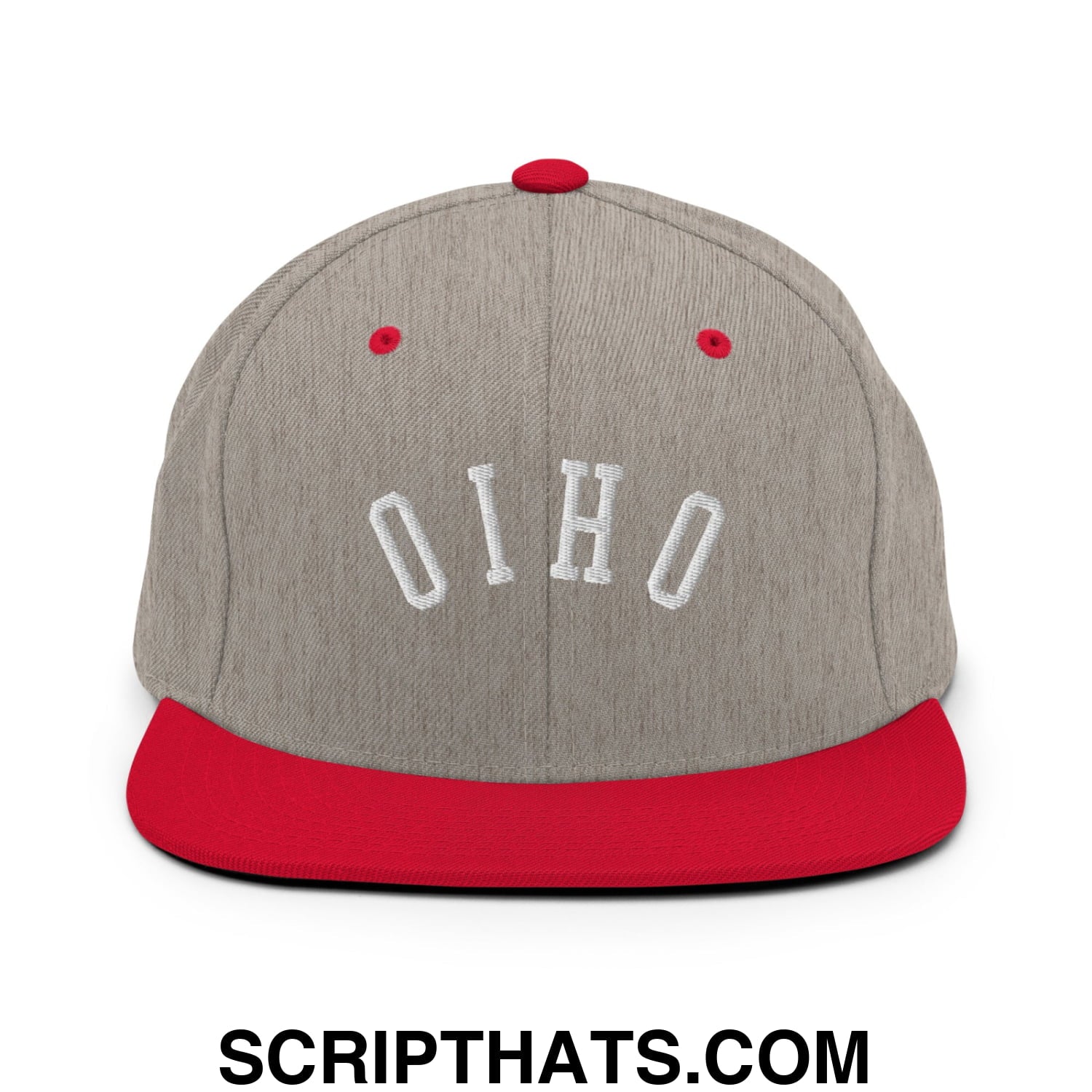 Gray and red snapback hat with upside down ohio embroidered in white on a flat bill brim design