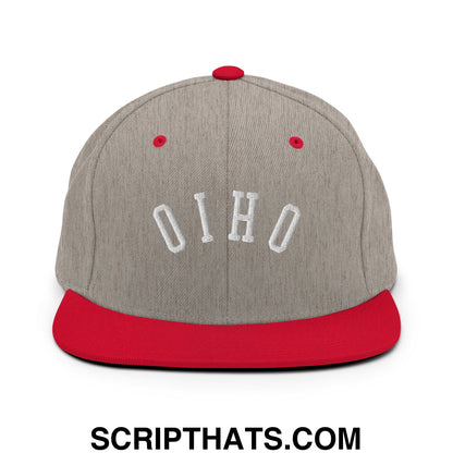 Gray and red snapback hat with upside down ohio embroidered in white on a flat bill brim design