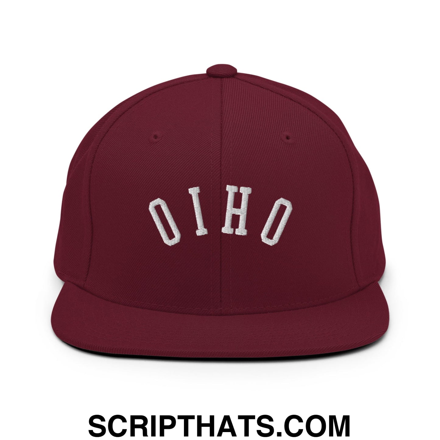 Maroon flat bill brim snapback hat with white embroidered upside down ohio lettering for casual wear