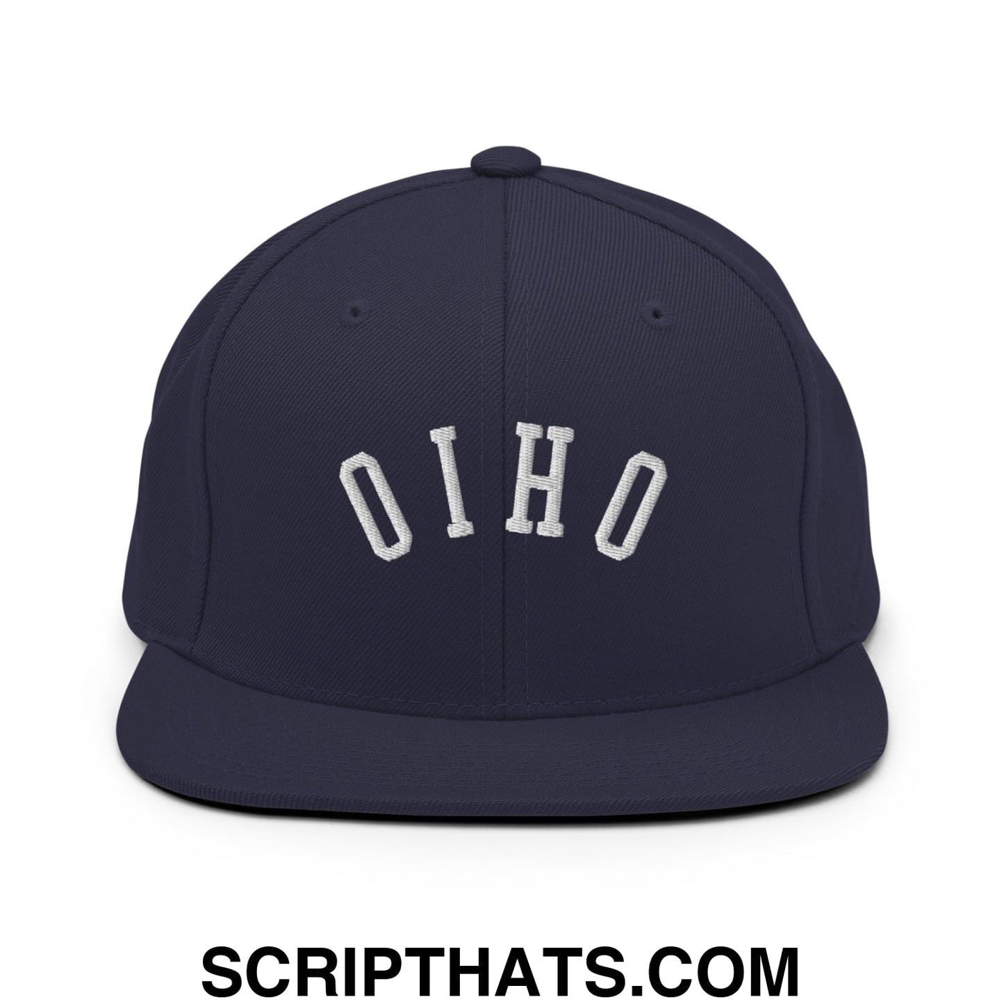 Navy blue flat bill brim snapback hat with white embroidered ohio lettering in a classic arched design