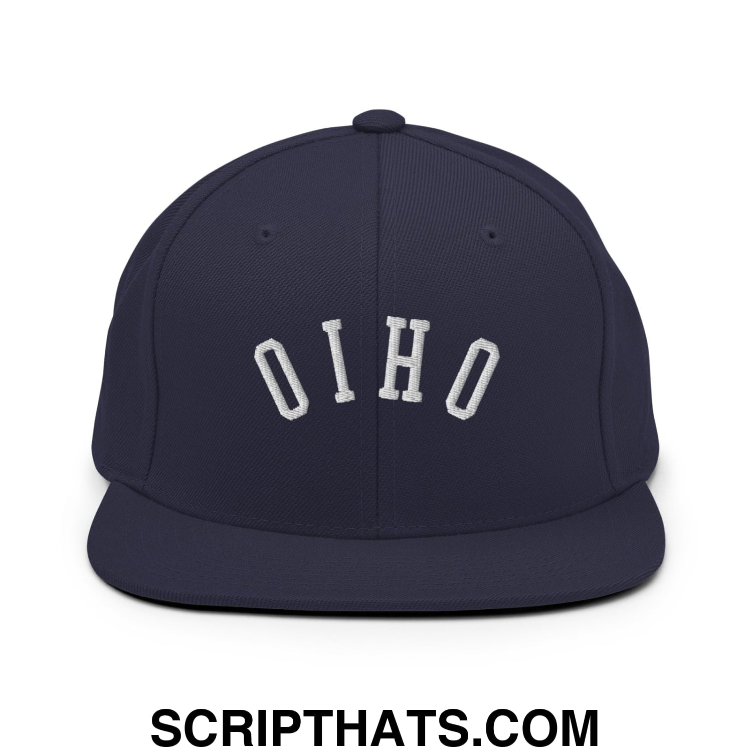 Navy blue flat bill brim snapback hat with white embroidered ohio lettering in a classic arched design