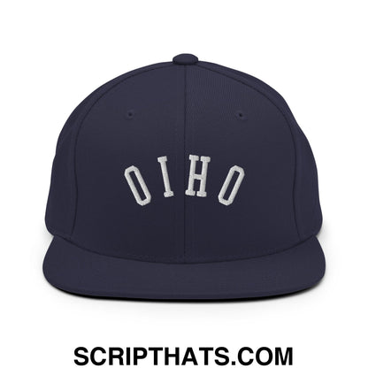 Navy blue flat bill brim snapback hat with white embroidered ohio lettering in a classic arched design