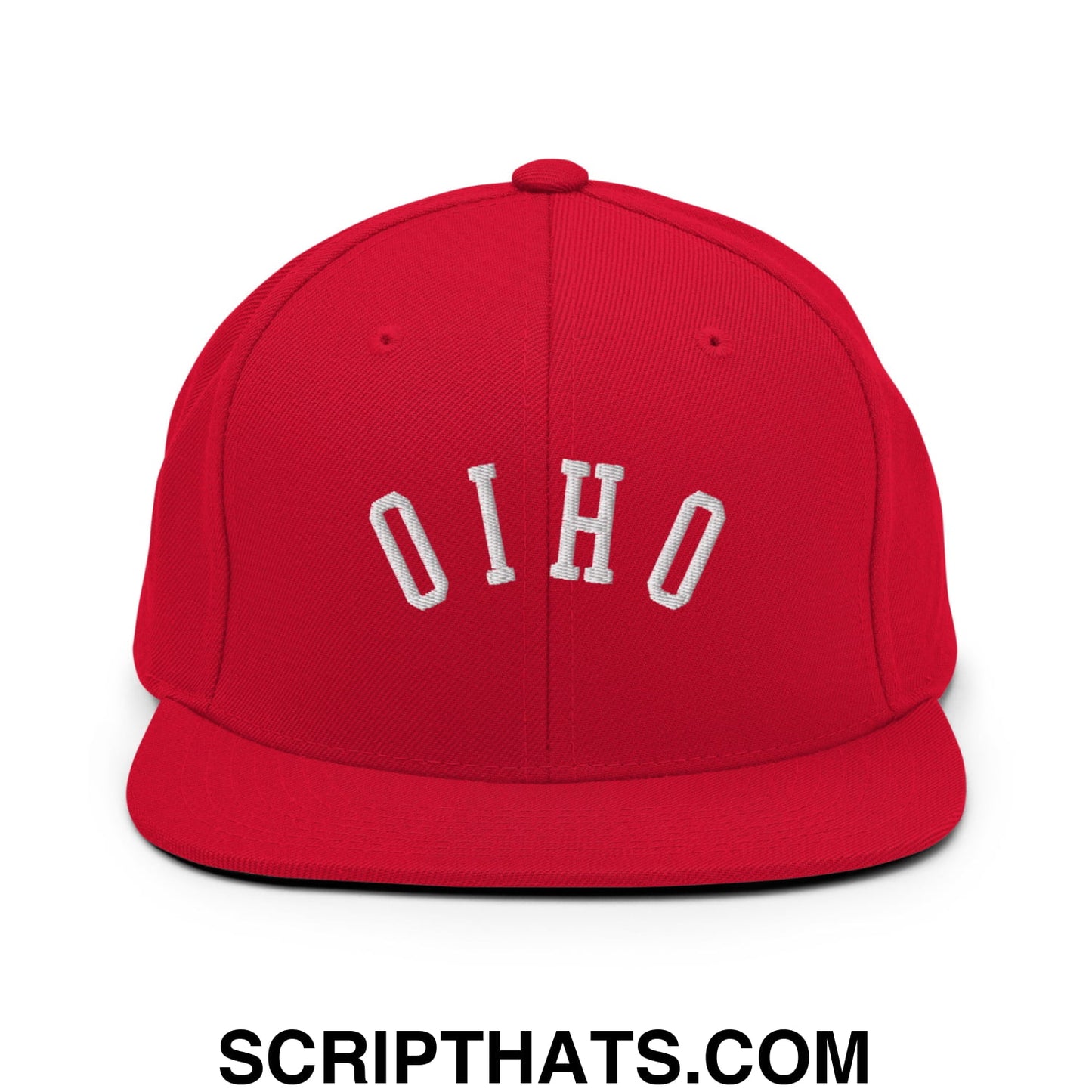 Red snapback cap with white embroidered ohio lettering in an arched design and flat bill brim
