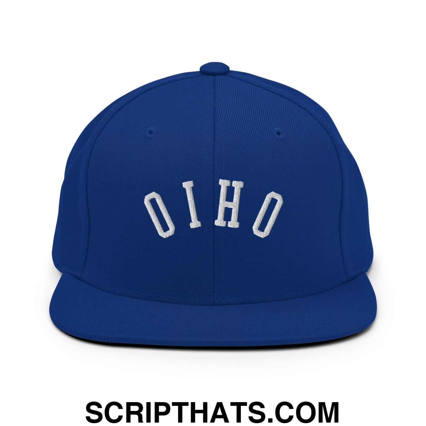 Royal blue snapback hat with white embroidered upside down ohio lettering in arched design and flat bill brim