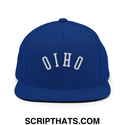 Royal blue snapback hat with white embroidered upside down ohio lettering in arched design and flat bill brim