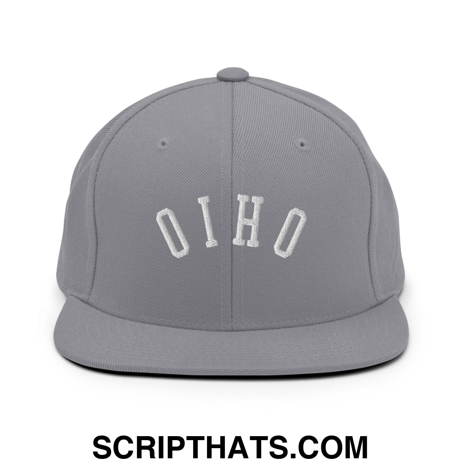 Gray snapback cap with white embroidered ohio lettering in arched design and flat bill brim for casual wear
