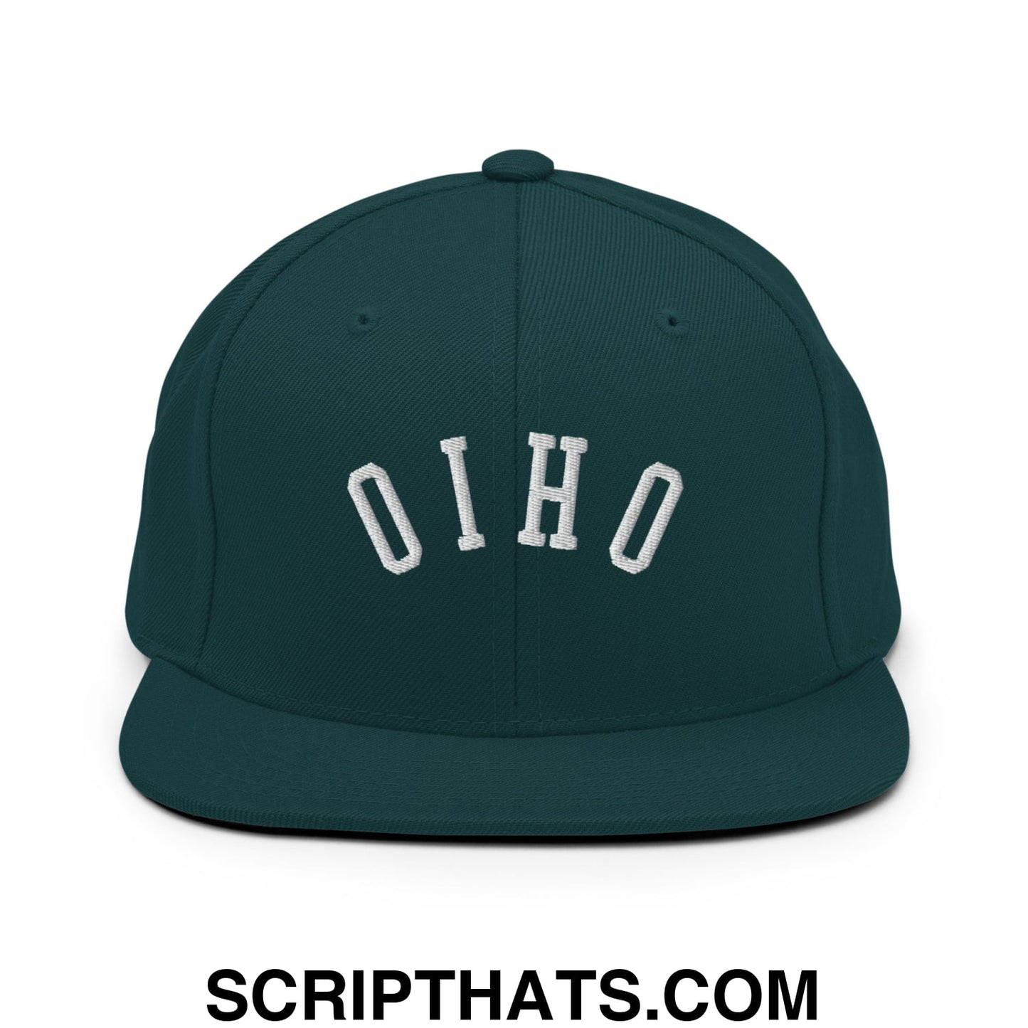 Dark green snapback cap with white embroidered o i h o lettering in a classic arched design and flat bill brim