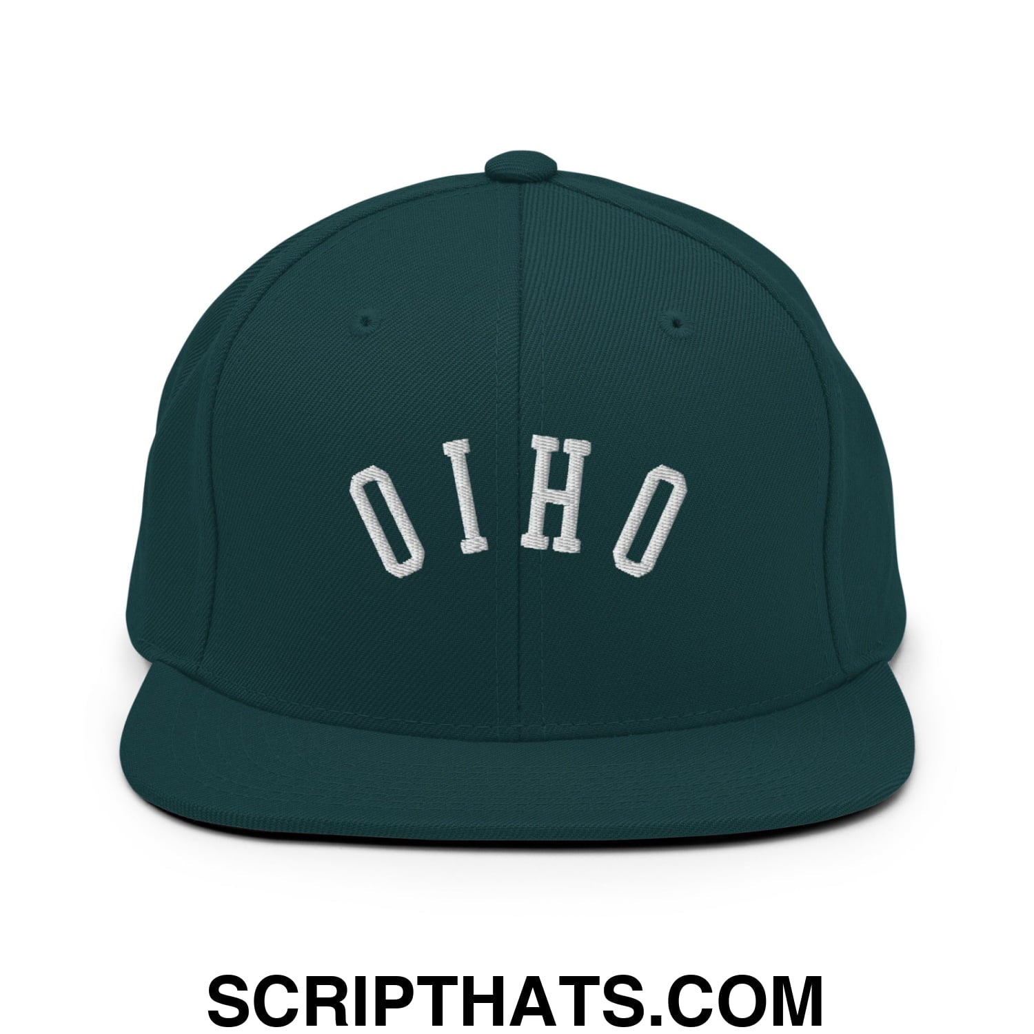 Dark green snapback cap with white embroidered o i h o lettering in a classic arched design and flat bill brim