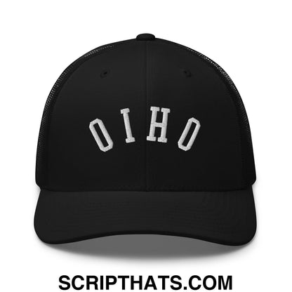 Black mesh trucker hat featuring white embroidered o i h o lettering in a curved design upside down ohio style