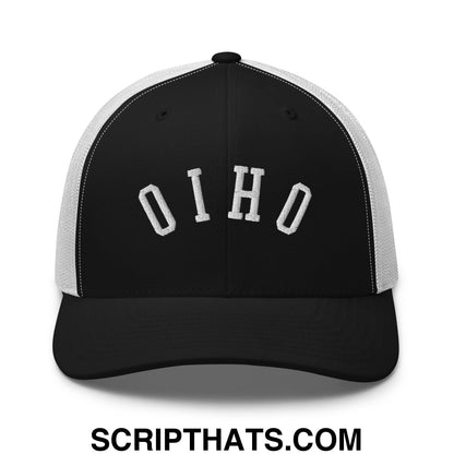 Black and white mesh trucker hat with oio embroidered in bold arched font on front panel upsdie down ohio design