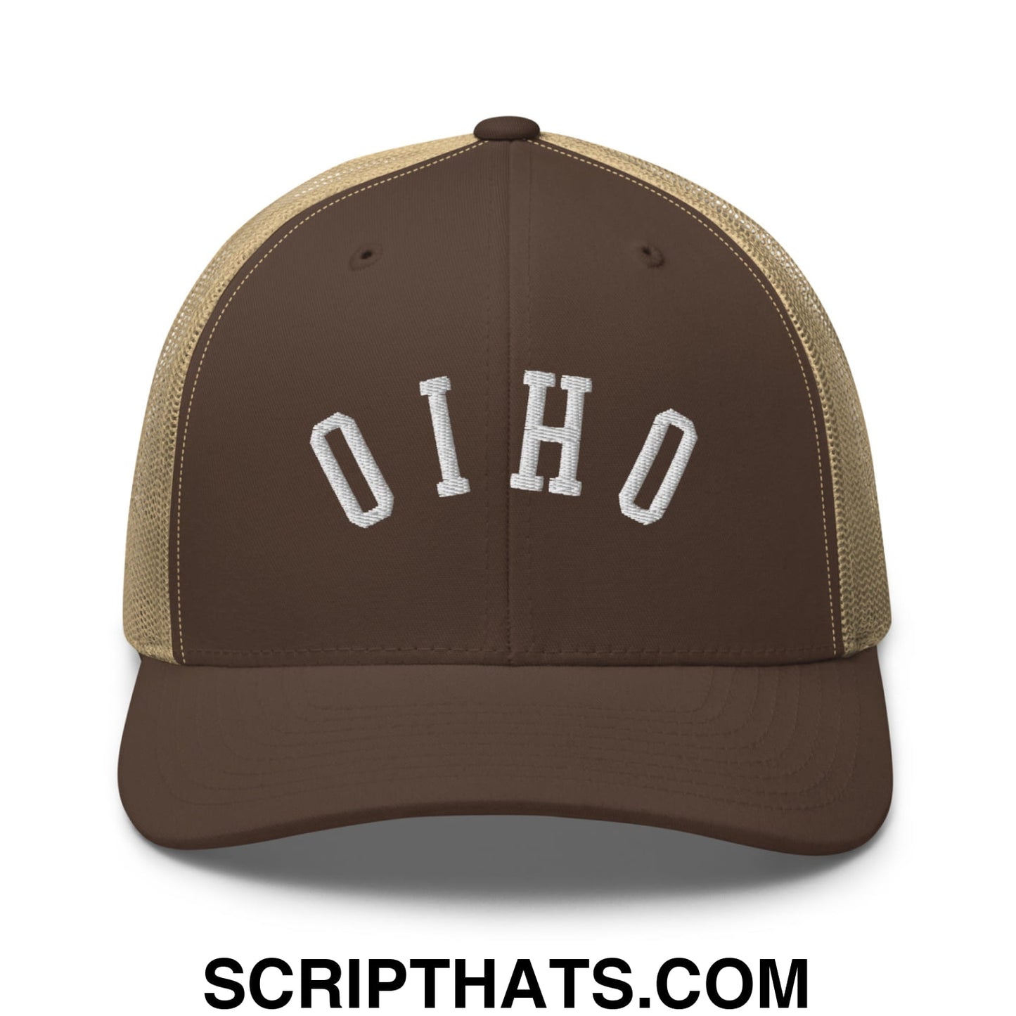 Brown and tan mesh trucker hat with oho embroidered in white on the front upside down ohio design