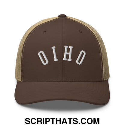 Brown and tan mesh trucker hat with oho embroidered in white on the front upside down ohio design