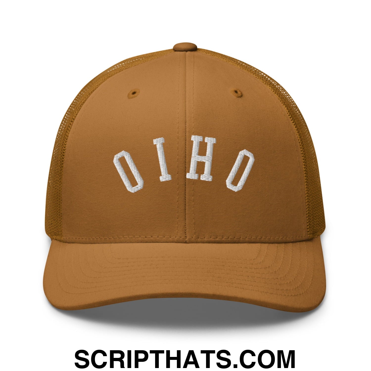 Tan mesh trucker hat with white embroidered oho lettering featuring upside down ohio design