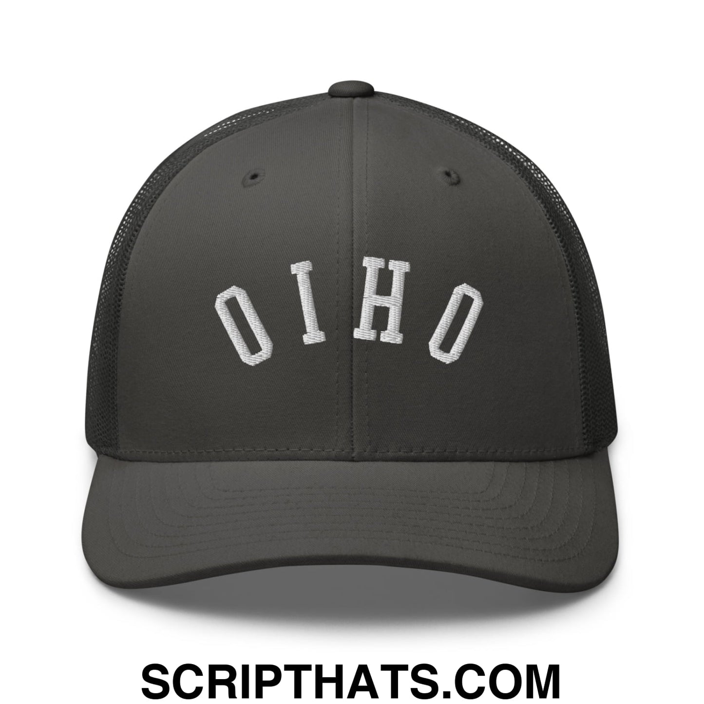 Dark gray mesh trucker hat with white embroidered oho lettering in a classic arched design upside down ohio style