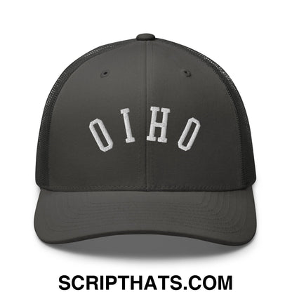 Dark gray mesh trucker hat with white embroidered oho lettering in a classic arched design upside down ohio style