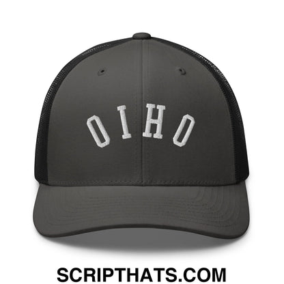 Dark gray mesh trucker hat with white embroidered oho lettering front in upside down ohio design