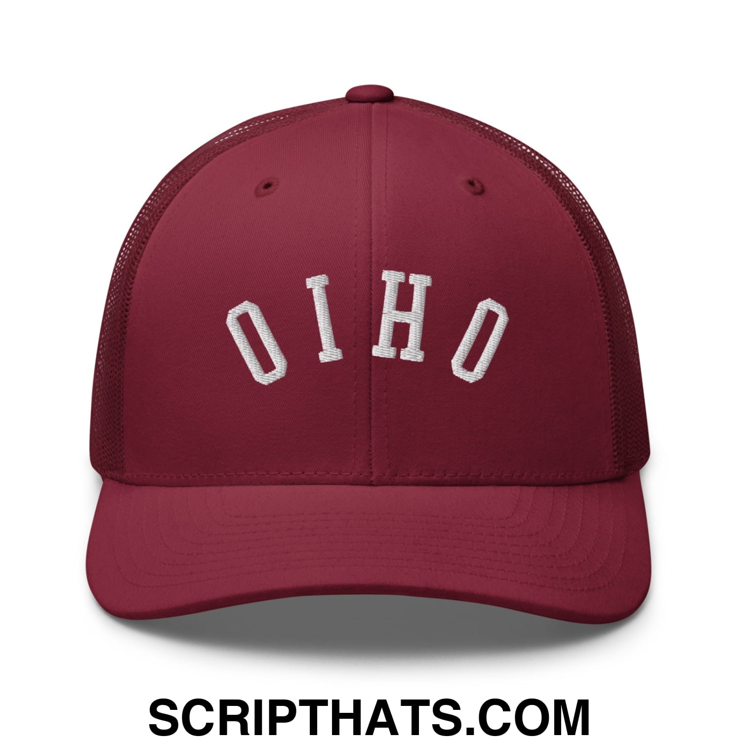 Maroon mesh trucker hat with white embroidered upside down ohio lettering across the front panel