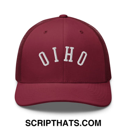 Maroon mesh trucker hat with white embroidered upside down ohio lettering across the front panel