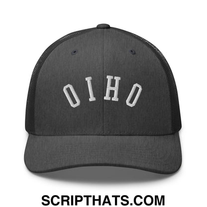 Black mesh trucker hat with white embroidered upside down ohio lettering front view