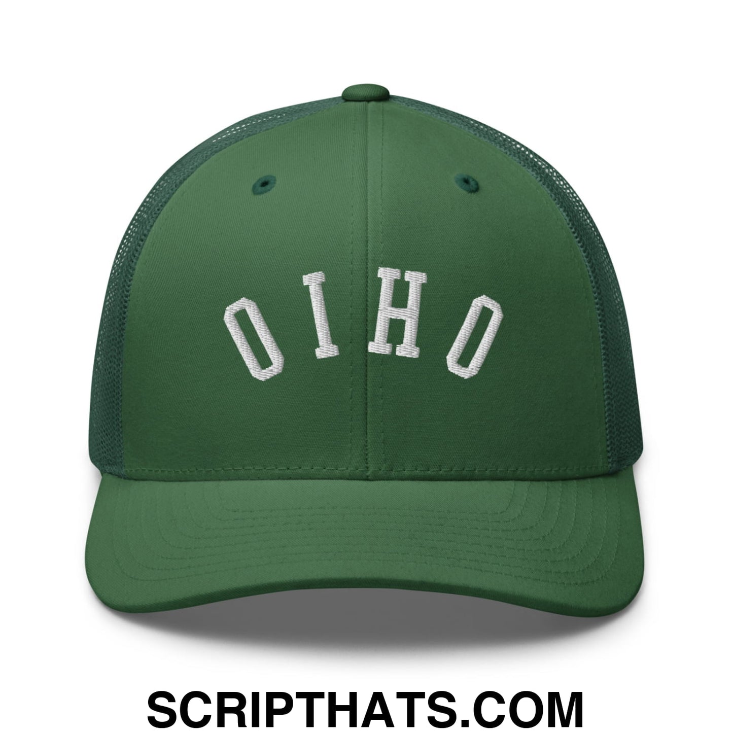 Dark green mesh trucker hat with white embroidered oho lettering featured on the front panel