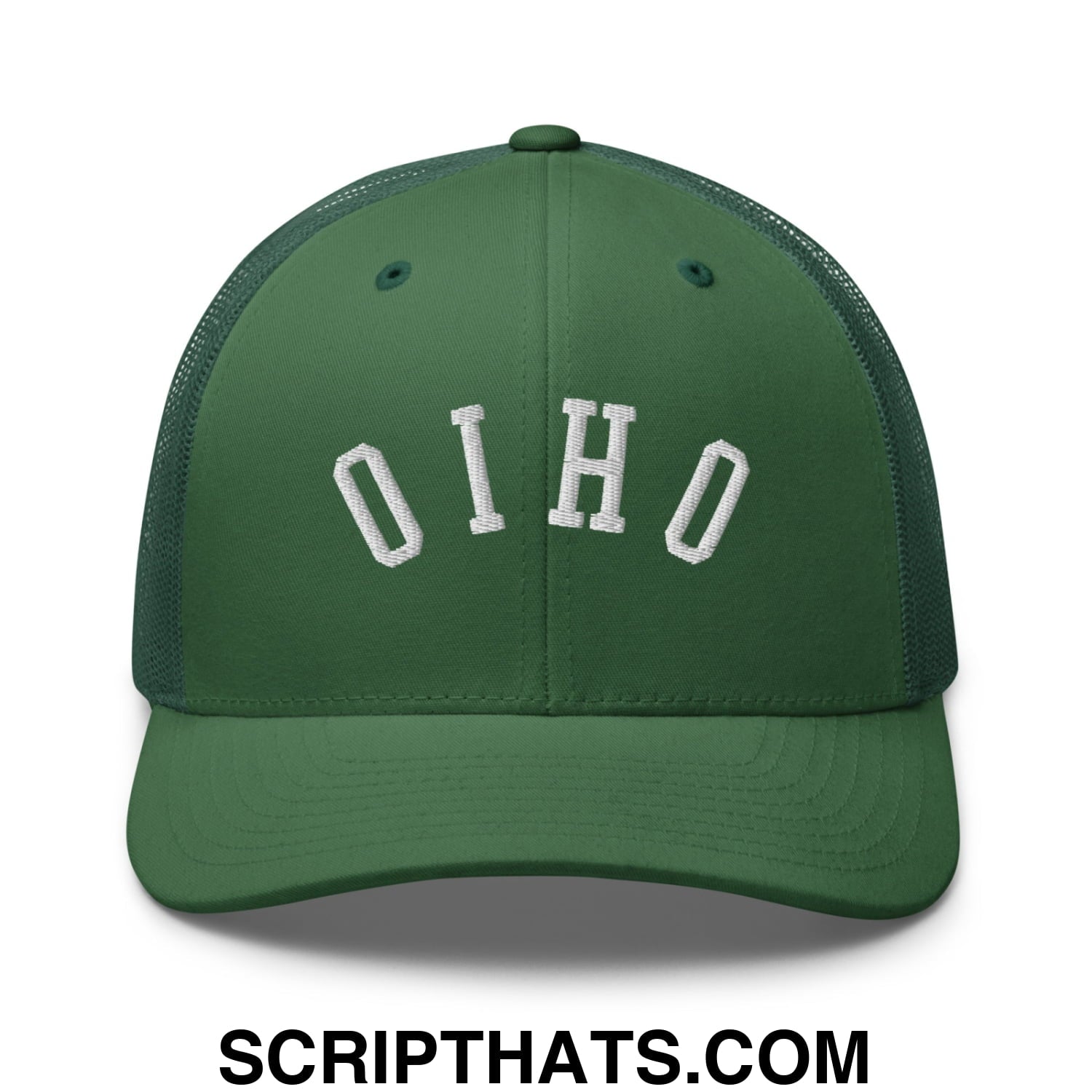 Dark green mesh trucker hat with white embroidered oho lettering featured on the front panel