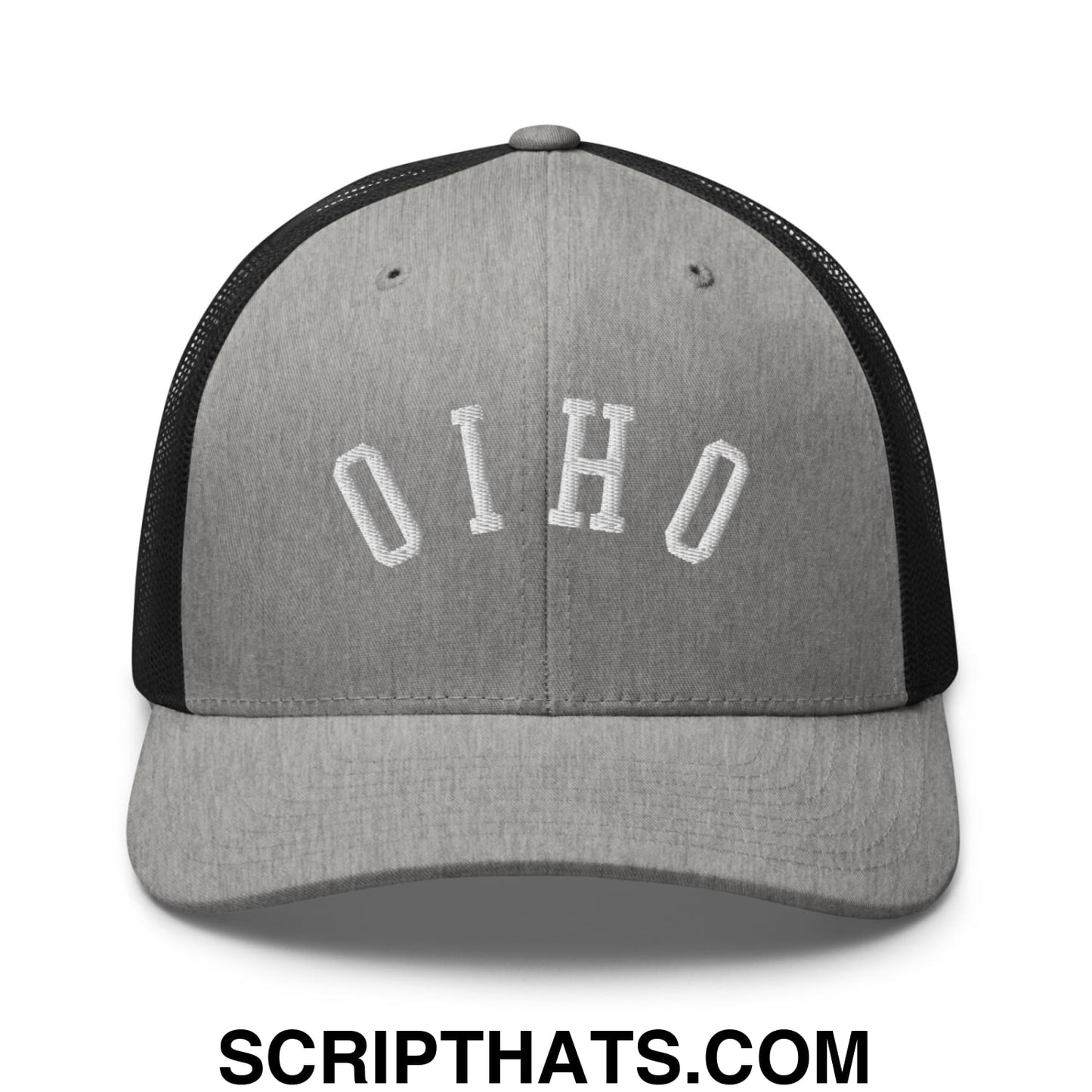 Gray and black mesh trucker hat with ohio embroidered in white featuring upside down design