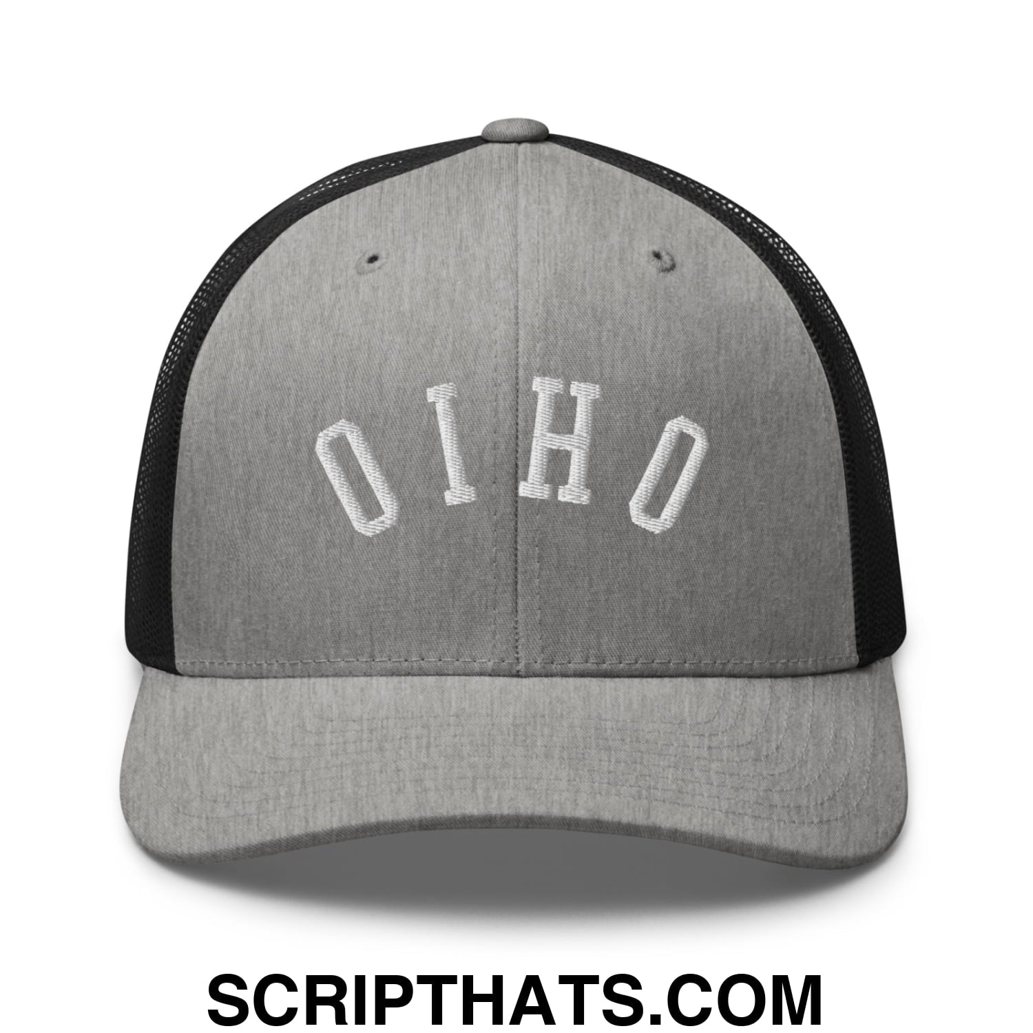 Gray and black mesh trucker hat with ohio embroidered in white featuring upside down design