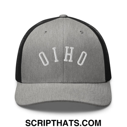 Gray and black mesh trucker hat with ohio embroidered in white featuring upside down design