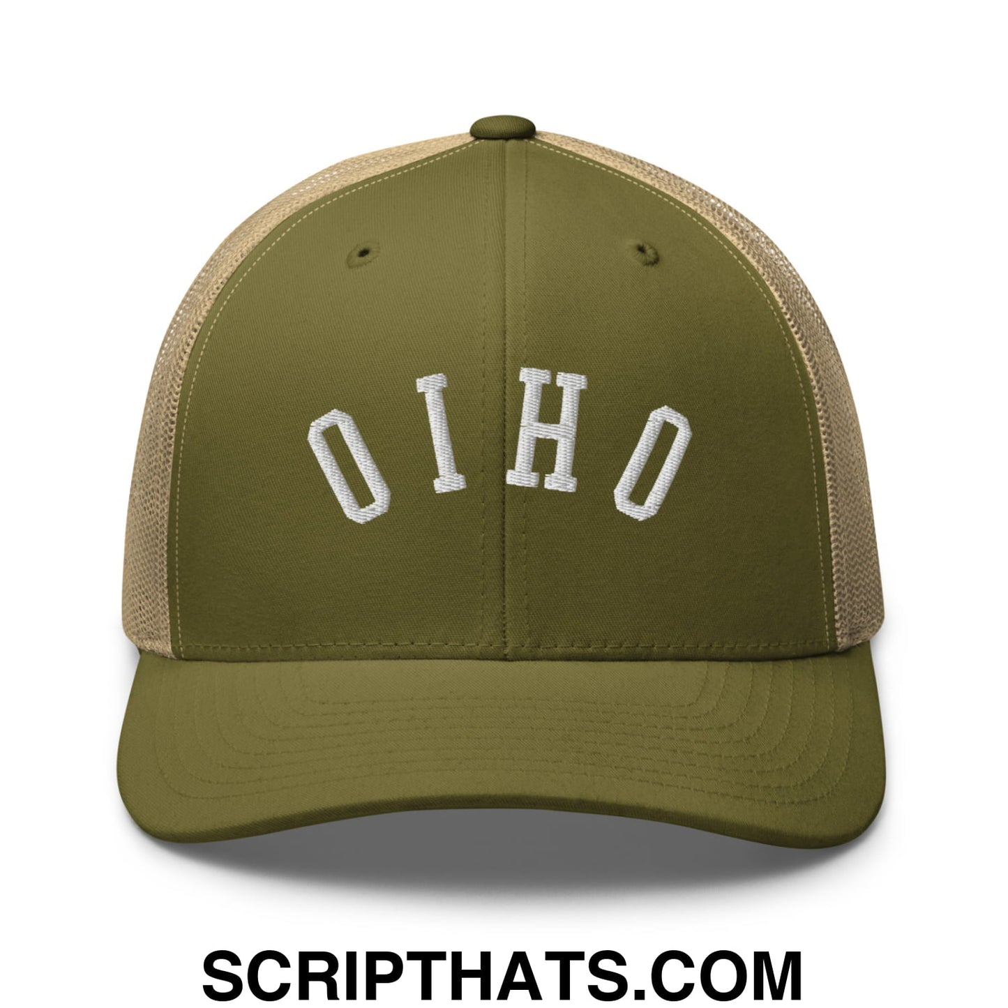 Olive green and beige mesh trucker hat with white embroidered ohio lettering and upside down design