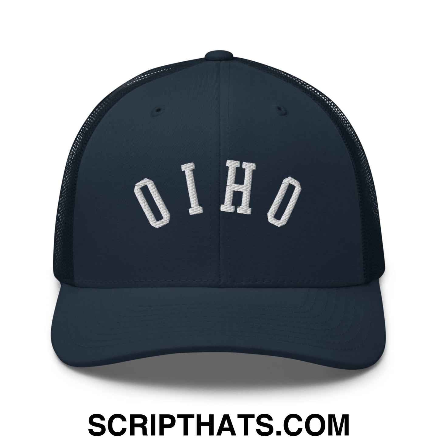 Dark navy blue mesh trucker hat with white embroidered o i h o lettering in a vintage-style curved font