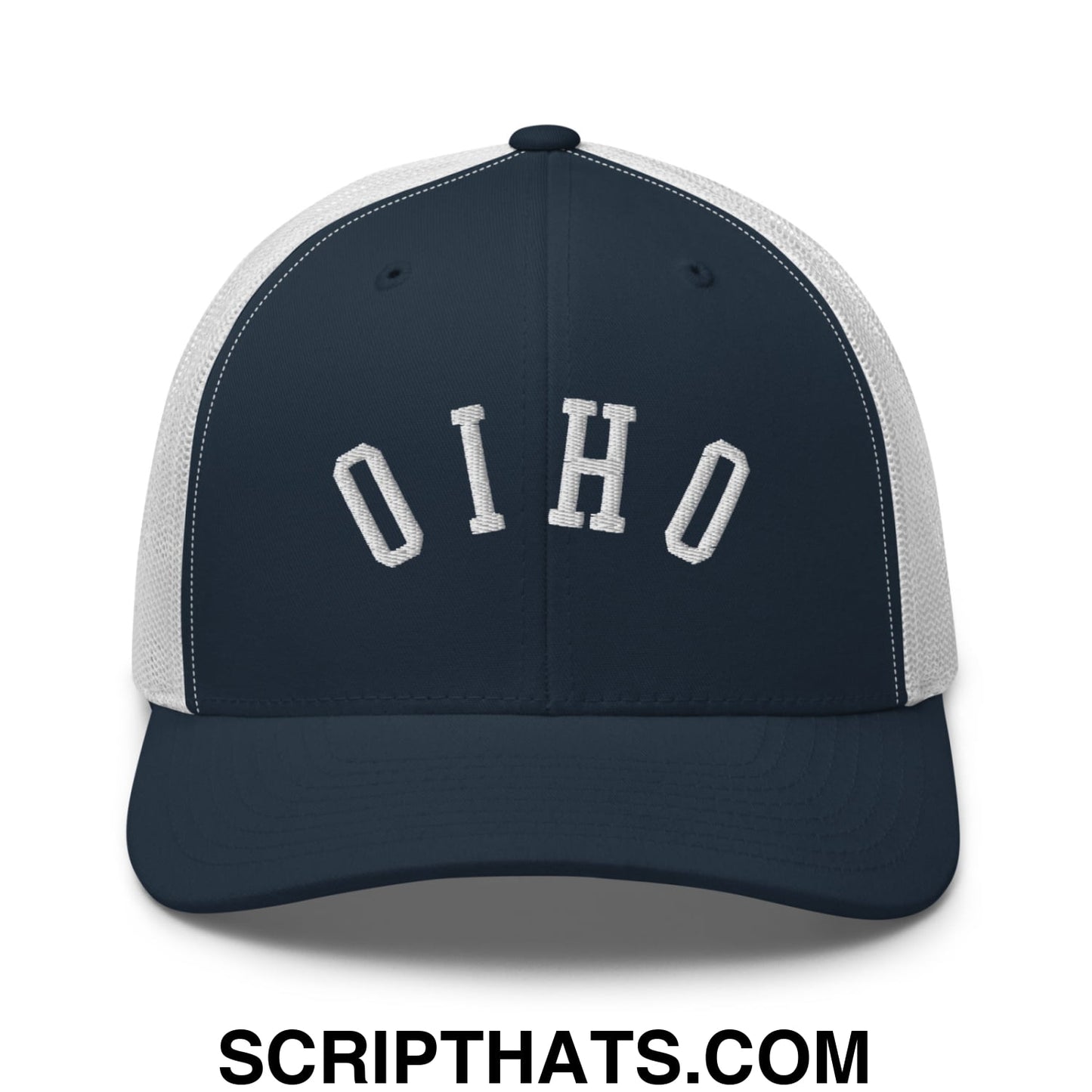 Navy blue and white mesh trucker hat with upside down ohio embroidered in arched stitched lettering