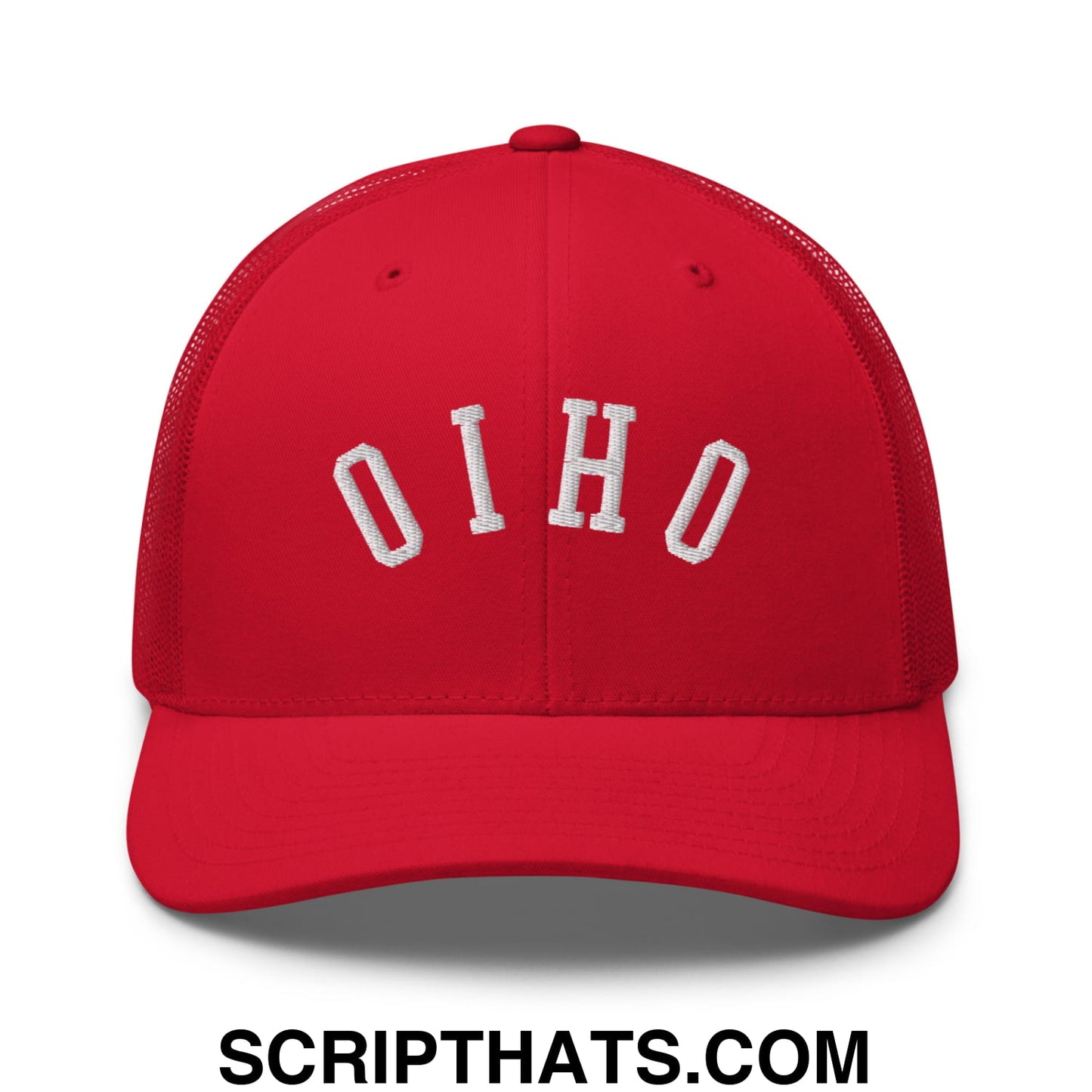 Red mesh trucker hat with white embroidered o i h o lettering featuring upside down ohio design
