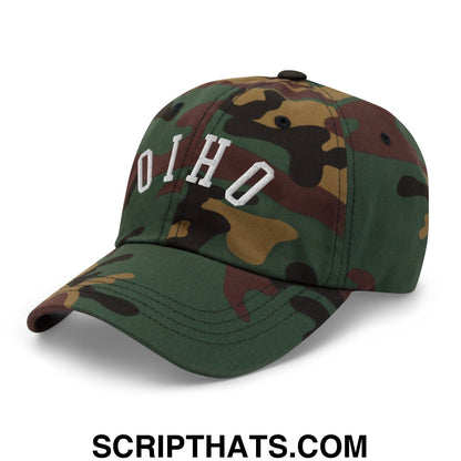 A camouflage unstructured dad hat with ohio embroidered in white across the front for casual wear